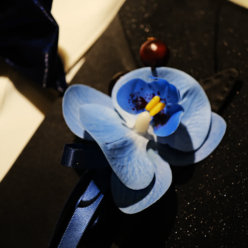 3Pcs Men's Blue Phalaenopsis Brooch Handkerchief Fishtail Bow Tie Set - image 6