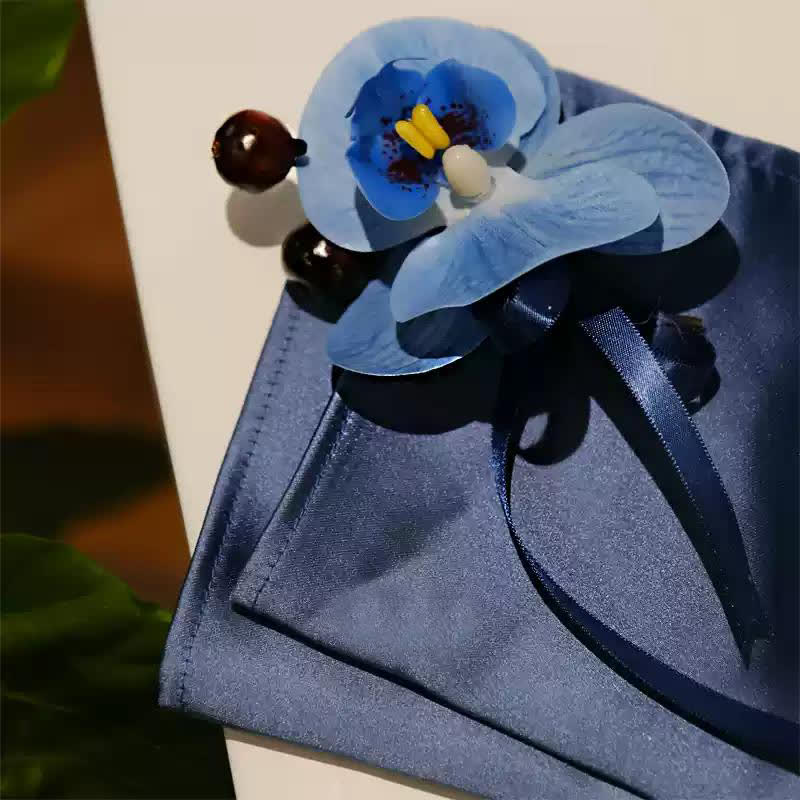 3Pcs Men's Blue Phalaenopsis Brooch Handkerchief Fishtail Bow Tie Set - image 7
