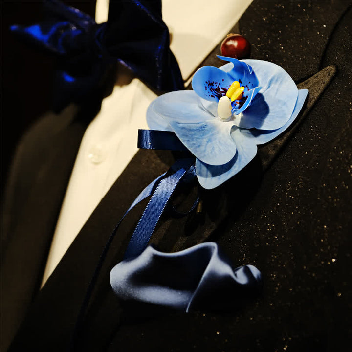 3Pcs Men's Blue Phalaenopsis Brooch Handkerchief Fishtail Bow Tie Set - image 3