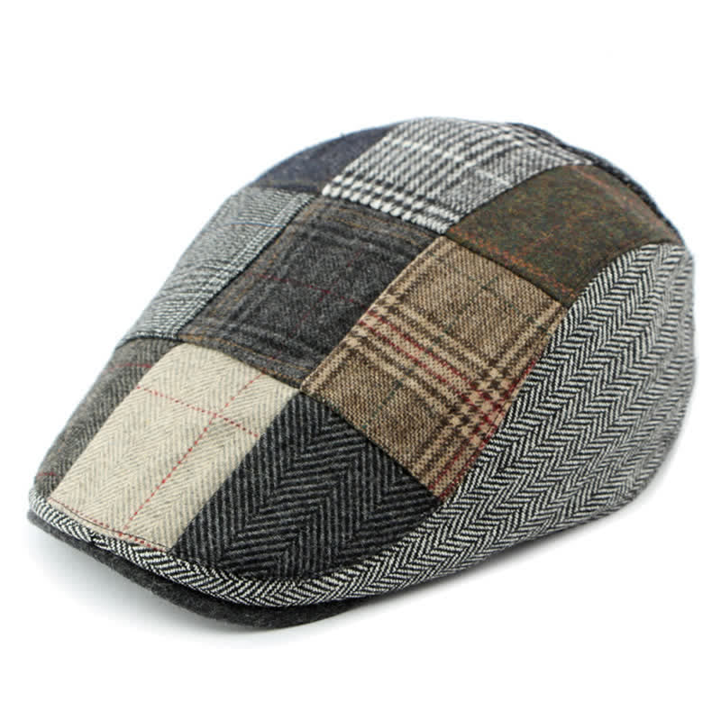 Retro Patchwork Plaid Herringbone Beret Hat - image 6