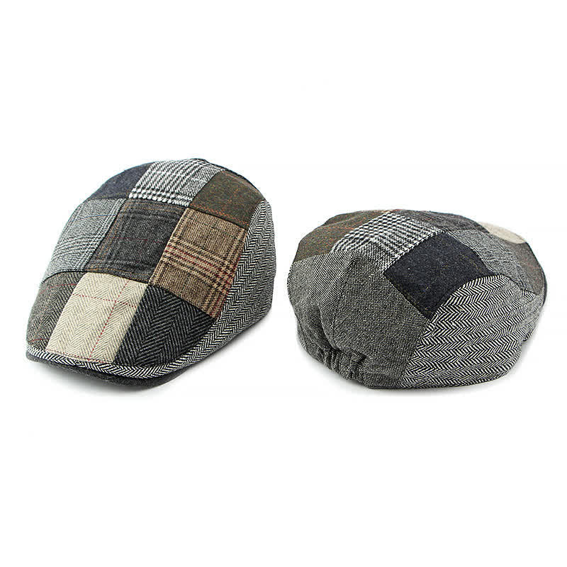 Retro Patchwork Plaid Herringbone Beret Hat - image 2