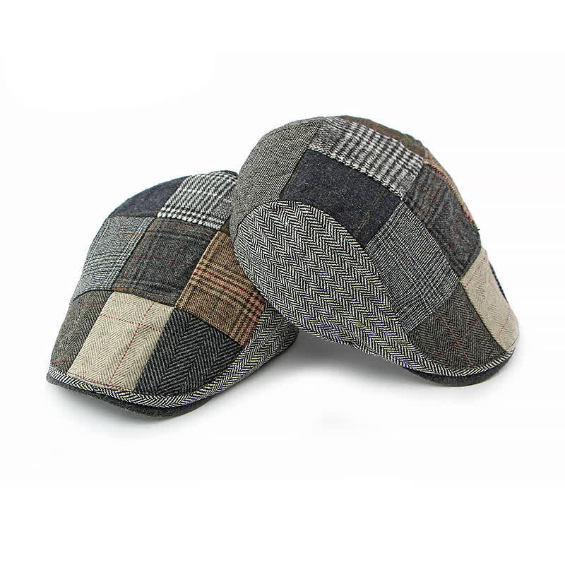 Retro Patchwork Plaid Herringbone Beret Hat - image 1