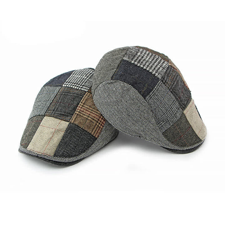 Retro Patchwork Plaid Herringbone Beret Hat - image 1