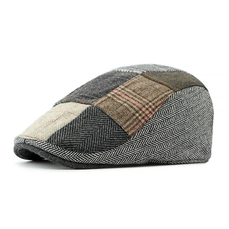 Retro Patchwork Plaid Herringbone Beret Hat - Gray - Adjustable (21 5/8"-23 1/4") - image 0