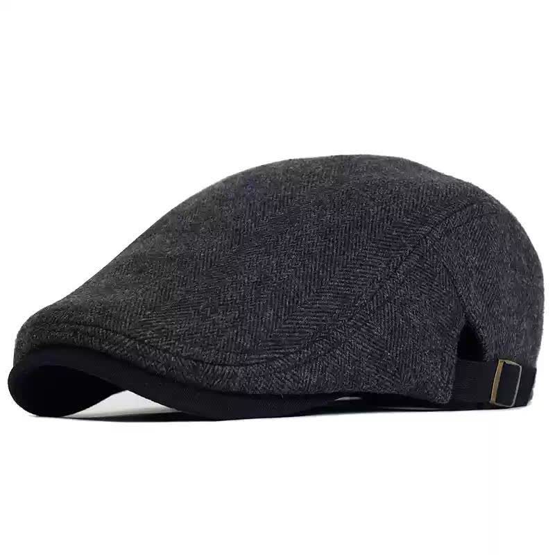 Winter Herringbone Wool Thick Warm Flat Beret Hat - Black - Adjustable (22"-23 1/4") - image 2
