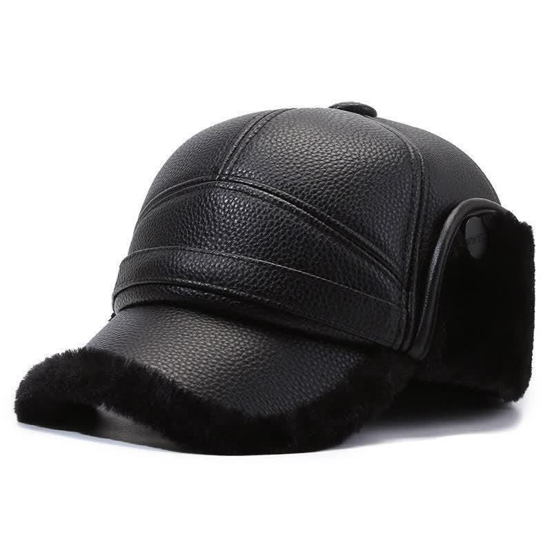 PU Leather Fleece Earflaps Baseball Hat - Black - M (22"-22 7/8") - image 11