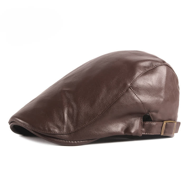 Classic Ivy Solid Color Leather Beret Hat - Coffee - Adjustable (21 5/8"-23 5/8") - image 10