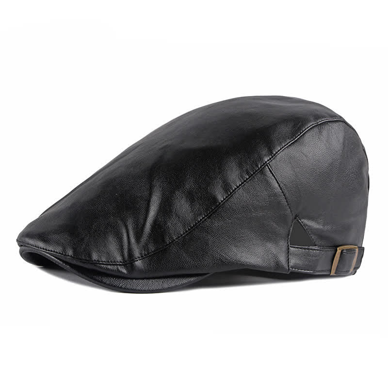 Classic Ivy Solid Color Leather Beret Hat - Black - Adjustable (21 5/8"-23 5/8") - image 0