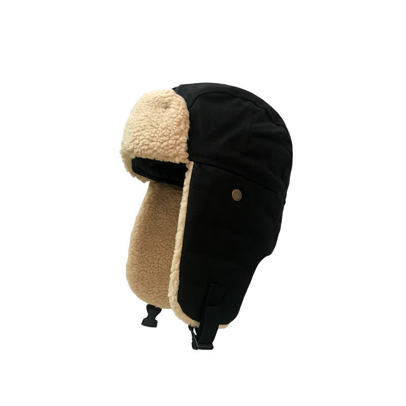 Solid Color Plush Inner Earmuffs Pilot Hat - Black - Adjustable (21 5/8" - 23 1/4") - image 0
