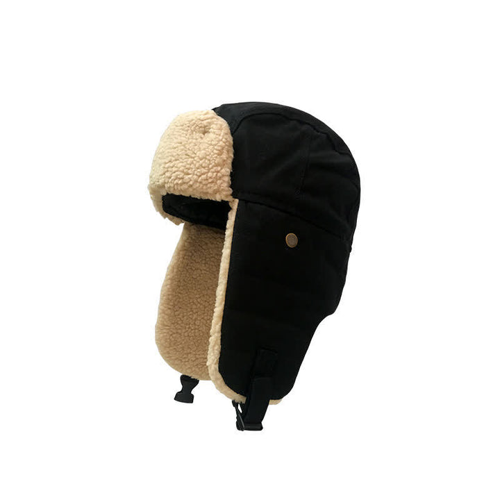 Solid Color Plush Inner Earmuffs Pilot Hat - Black - Adjustable (21 5/8" - 23 1/4") - image 0