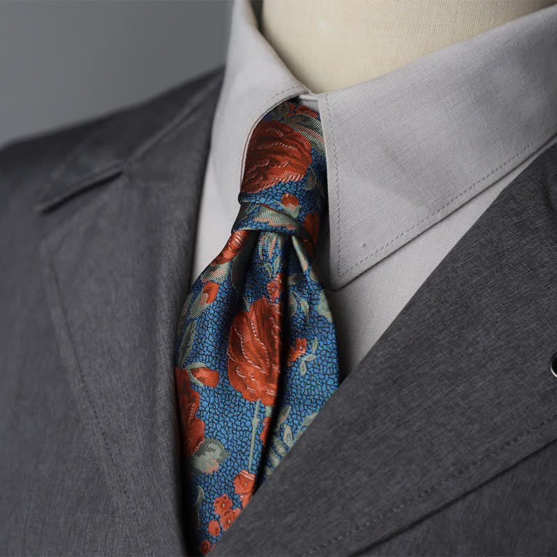 Men's SteelBlue & Red Rose Floral Necktie - SteelBlue & Red - image 0