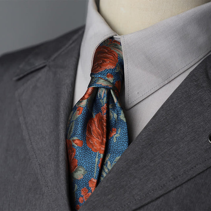 Men's SteelBlue & Red Rose Floral Necktie - SteelBlue & Red - image 0