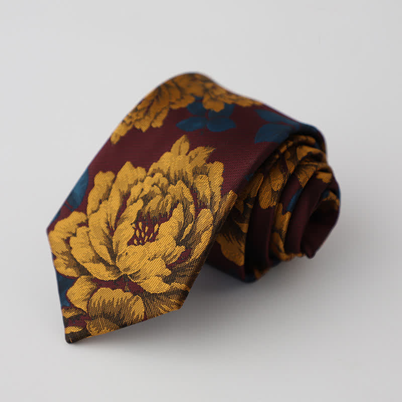 Men's Burgundy & Gold Chrysanthemum Floral Necktie - image 1