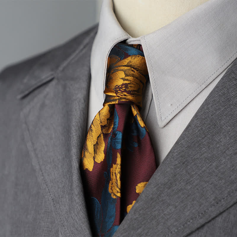 Men's Burgundy & Gold Chrysanthemum Floral Necktie - Burgundy & Gold - image 0