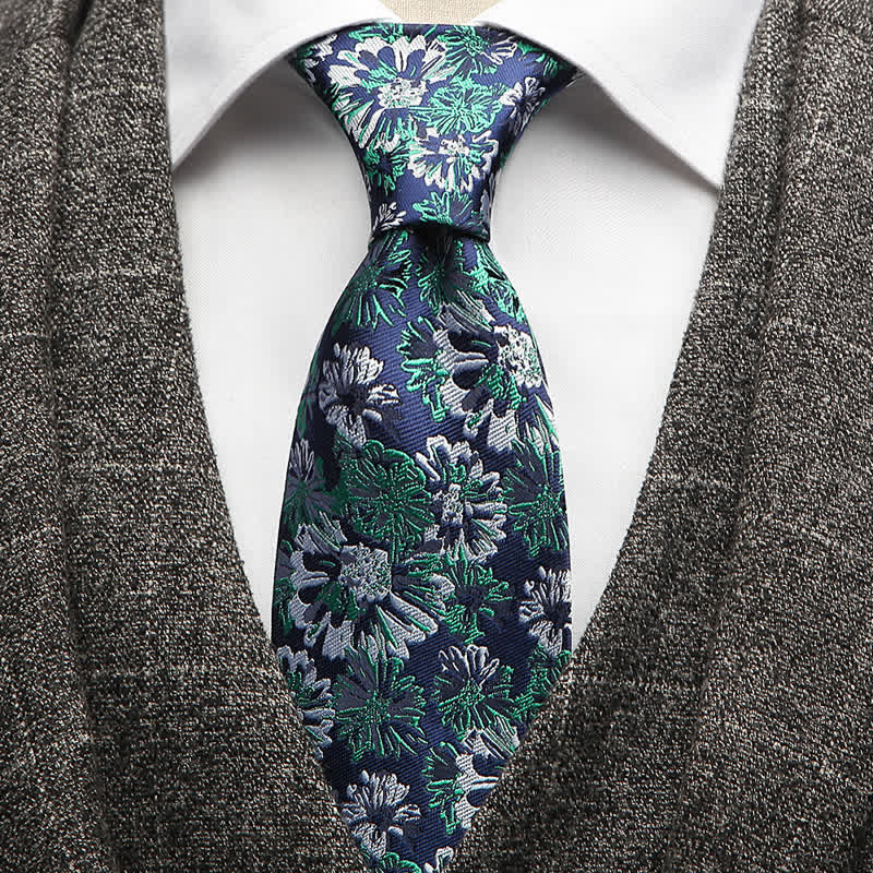 Men's Navy Base Green & White Daisy Floral Necktie - Navy & Green - image 0