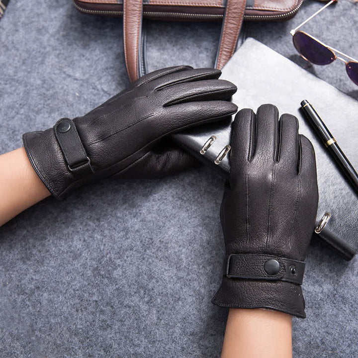 Plush Lining Warm Anti Slip Leather Gloves - image 2