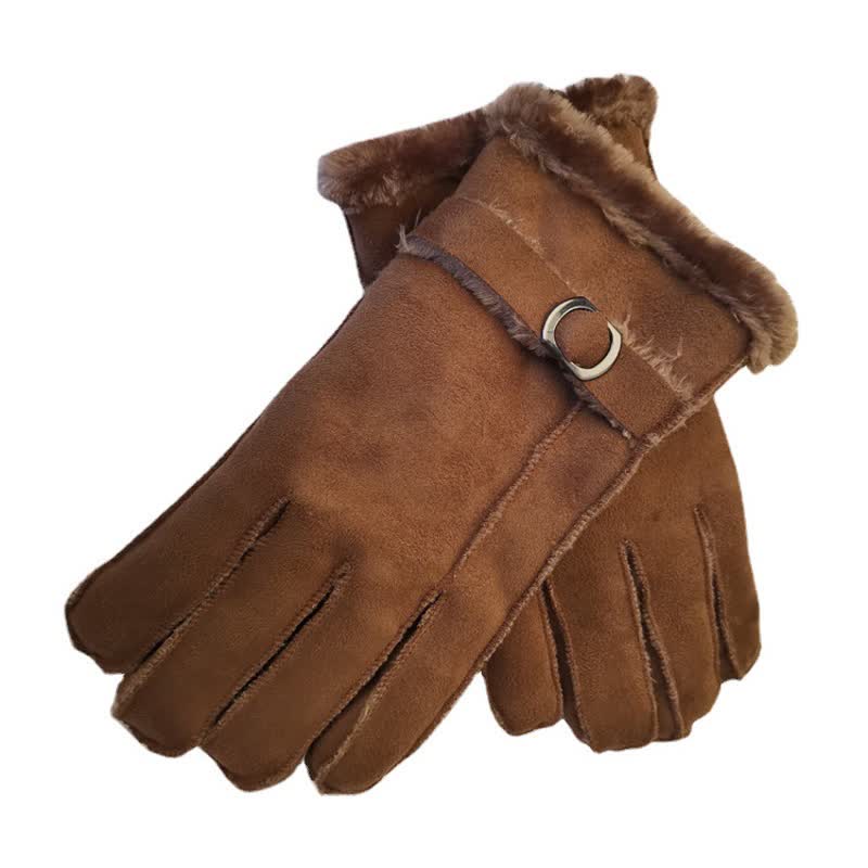 Faux Leather Imitation Wool Leather Dress Gloves - Brown - image 0