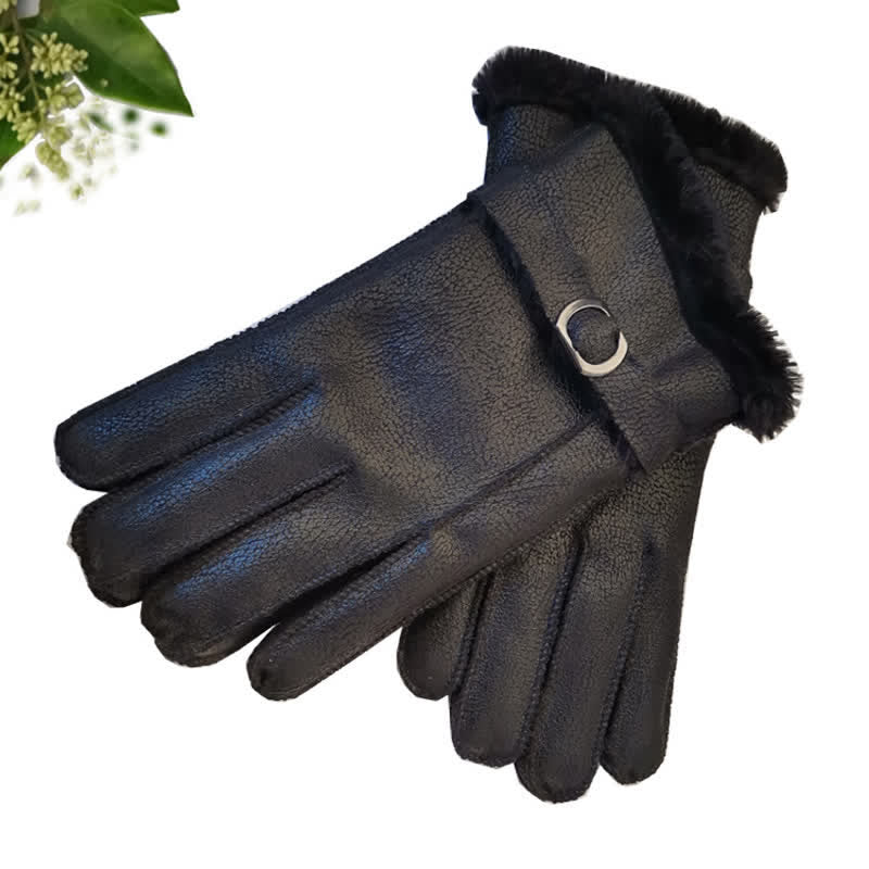 Faux Leather Imitation Wool Leather Dress Gloves - Black - image 6