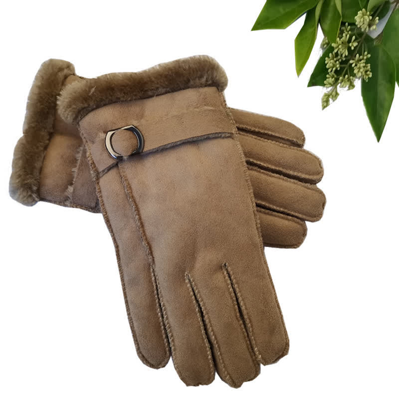 Faux Leather Imitation Wool Leather Dress Gloves - Khaki - image 5