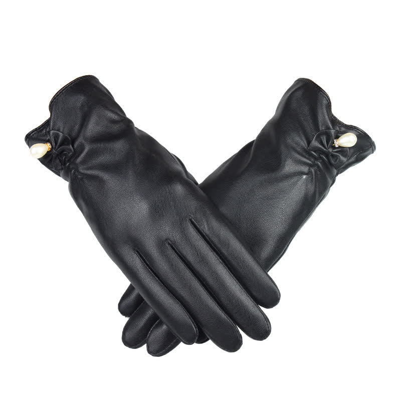 Women's Winter Velvet Pearl Leather Gloves - Black - image 0