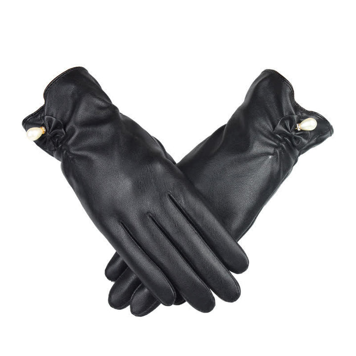 Women's Winter Velvet Pearl Leather Gloves - Black - image 0