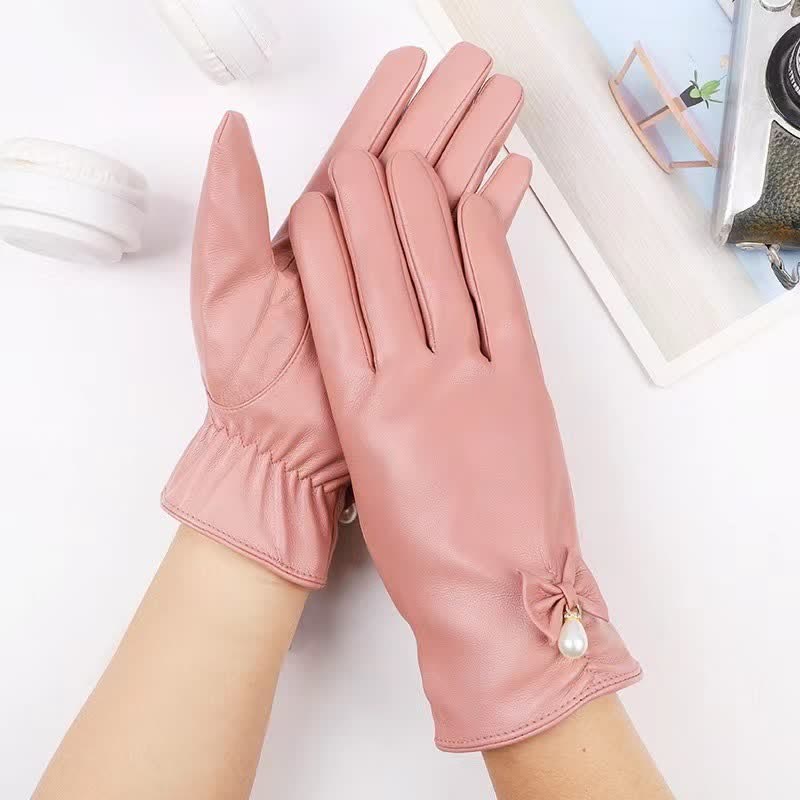 Women's Winter Velvet Pearl Leather Gloves - Pink - image 6