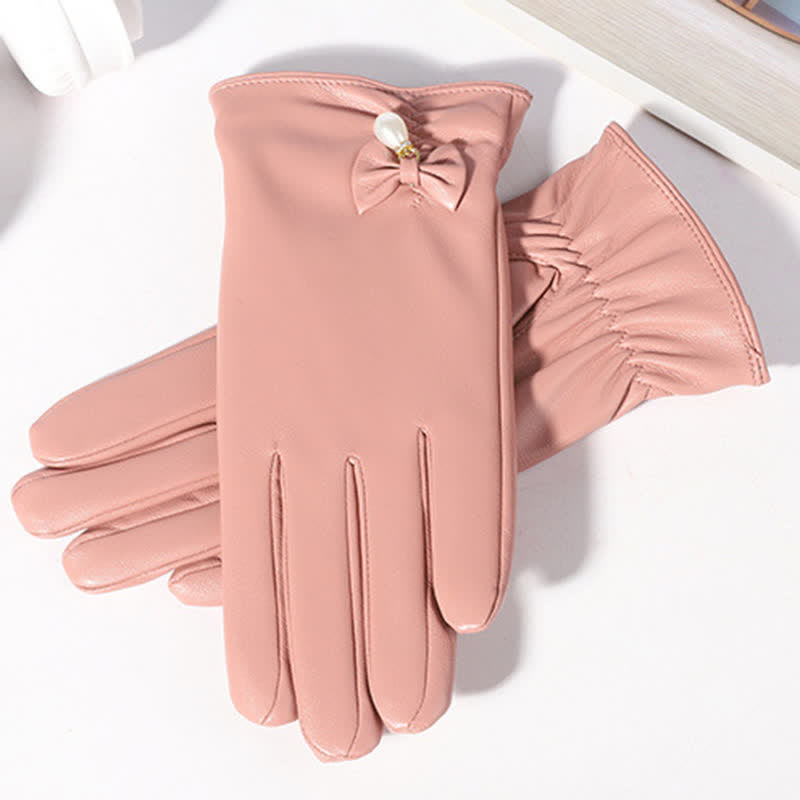 Women's Winter Velvet Pearl Leather Gloves - image 7
