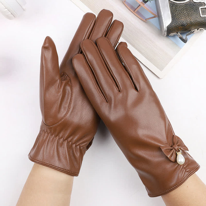 Women's Winter Velvet Pearl Leather Gloves - Brown - image 12
