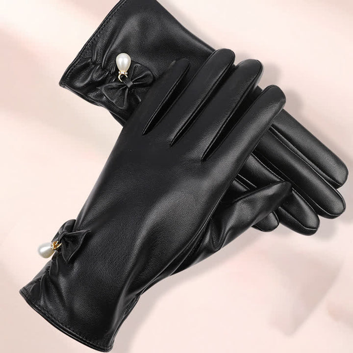 Women's Winter Velvet Pearl Leather Gloves - image 3