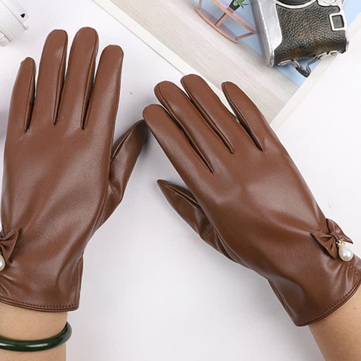 Women's Winter Velvet Pearl Leather Gloves - image 14