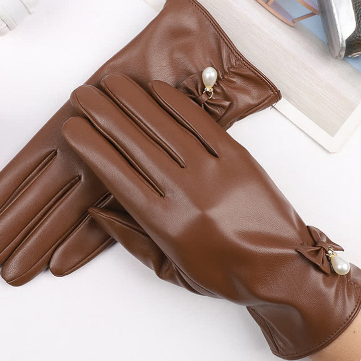 Women's Winter Velvet Pearl Leather Gloves - image 13
