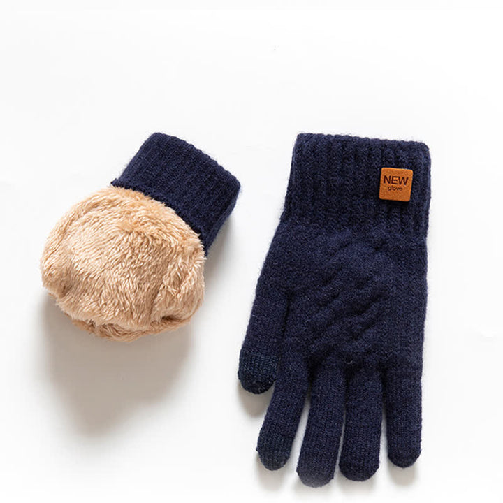 Solid Color Soft Warm Alpaca Fur Knitted Gloves - Navy - image 5