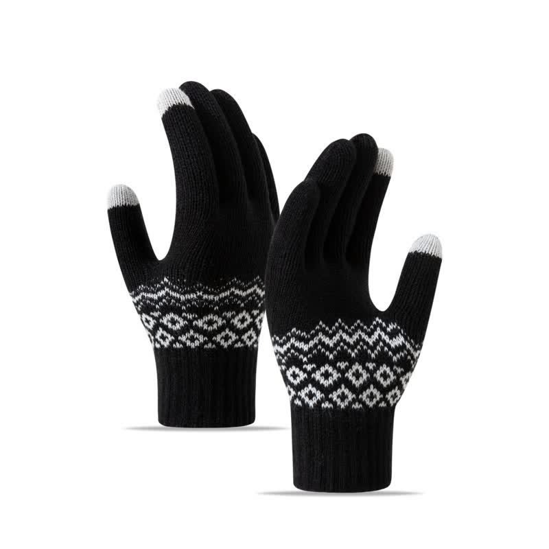 Wave Print Touch Screen Warm Plus Velvet Knitted Gloves - Black - image 9