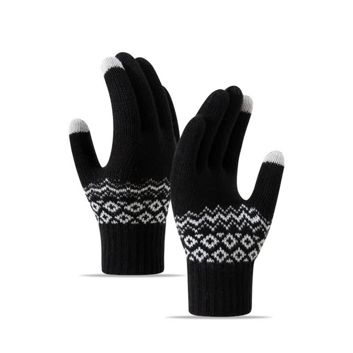 Wave Print Touch Screen Warm Plus Velvet Knitted Gloves - Black - image 9