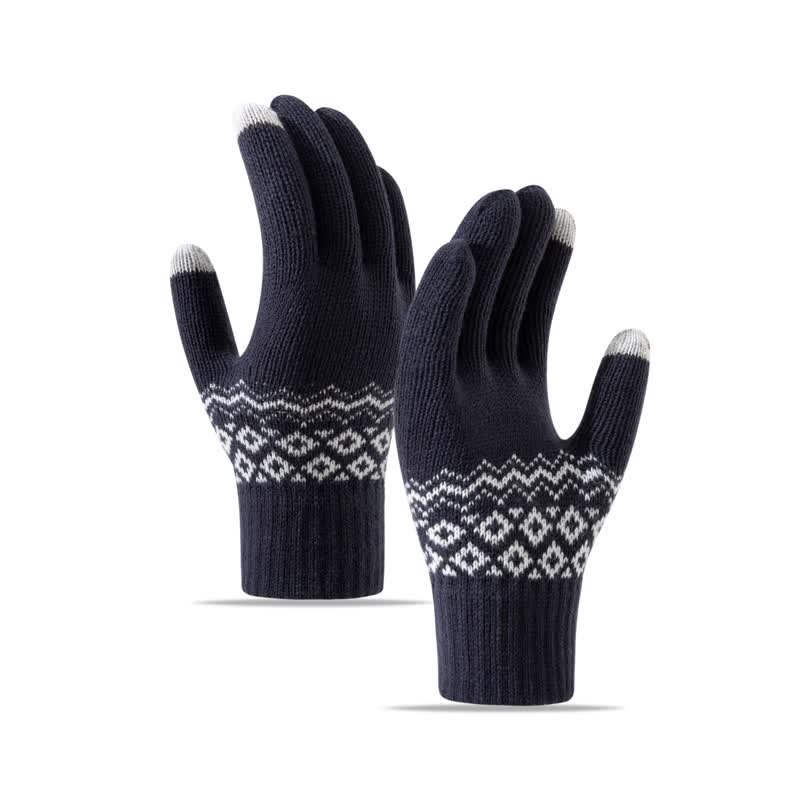 Wave Print Touch Screen Warm Plus Velvet Knitted Gloves - Navy - image 13