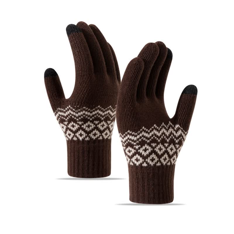 Wave Print Touch Screen Warm Plus Velvet Knitted Gloves - Coffee - image 11