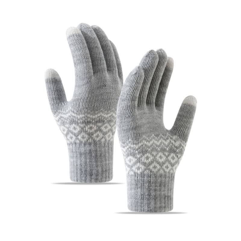 Wave Print Touch Screen Warm Plus Velvet Knitted Gloves - Gray - image 0