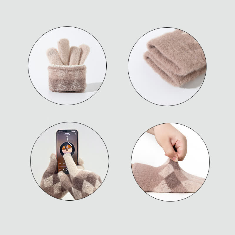 Colorful Diamond Pattern Warm Plush Knitted Gloves - image 8