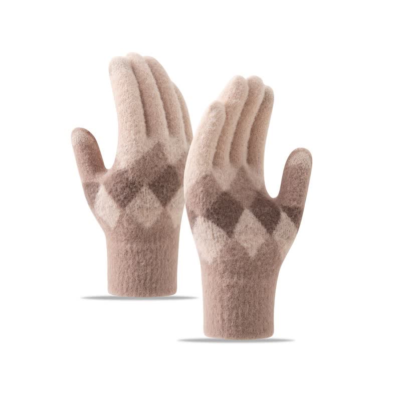 Colorful Diamond Pattern Warm Plush Knitted Gloves - Khaki - image 3