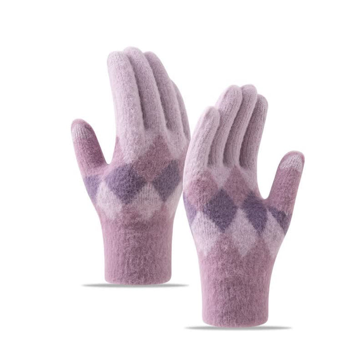 Colorful Diamond Pattern Warm Plush Knitted Gloves - Violet - image 13