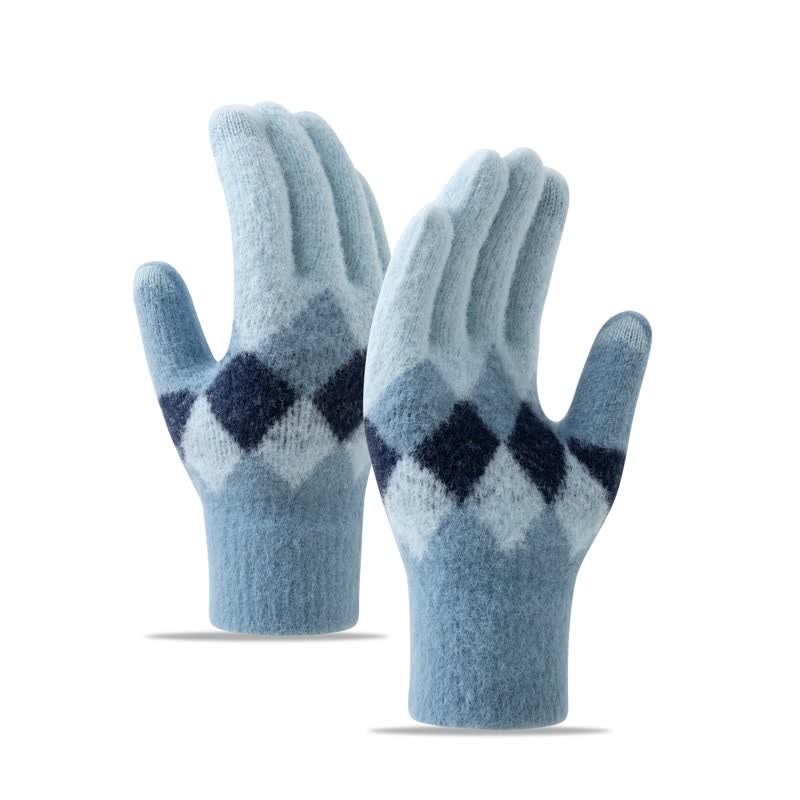 Colorful Diamond Pattern Warm Plush Knitted Gloves - Blue - image 11