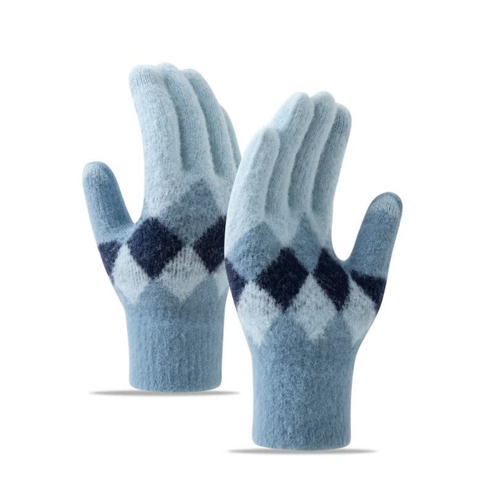 Colorful Diamond Pattern Warm Plush Knitted Gloves - Blue - image 11