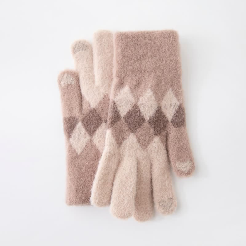 Colorful Diamond Pattern Warm Plush Knitted Gloves - image 4