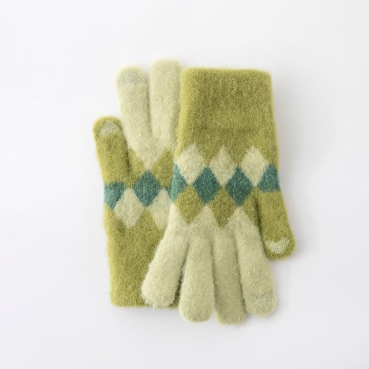 Colorful Diamond Pattern Warm Plush Knitted Gloves - image 1