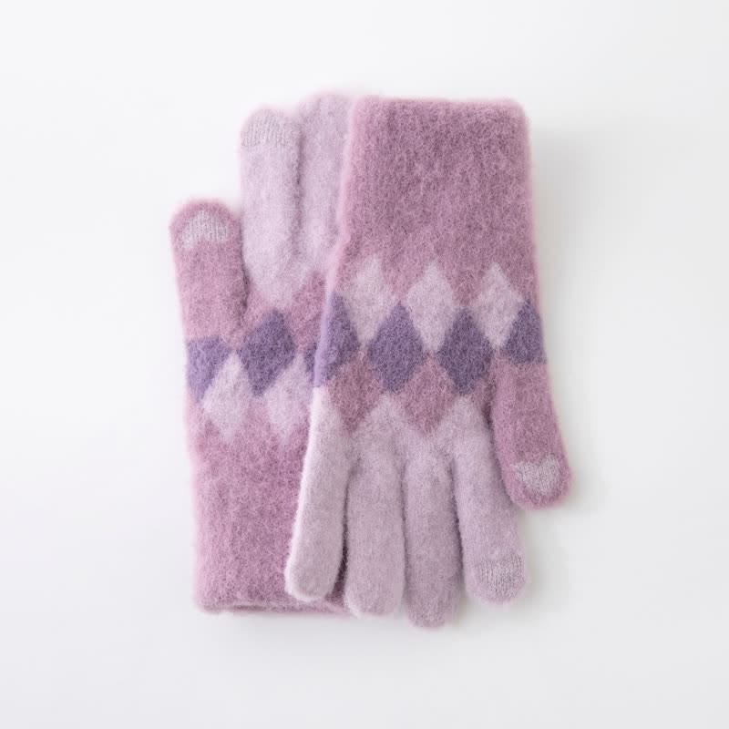 Colorful Diamond Pattern Warm Plush Knitted Gloves - image 14