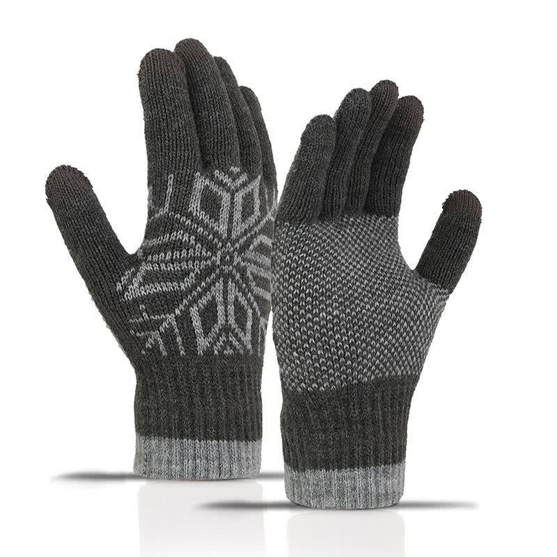 Snowflake Pattern Winter Thicken Knitted Gloves - Gray - image 8