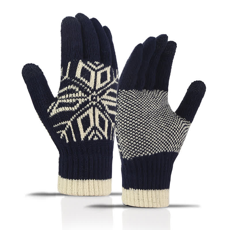 Snowflake Pattern Winter Thicken Knitted Gloves - Navy - image 0