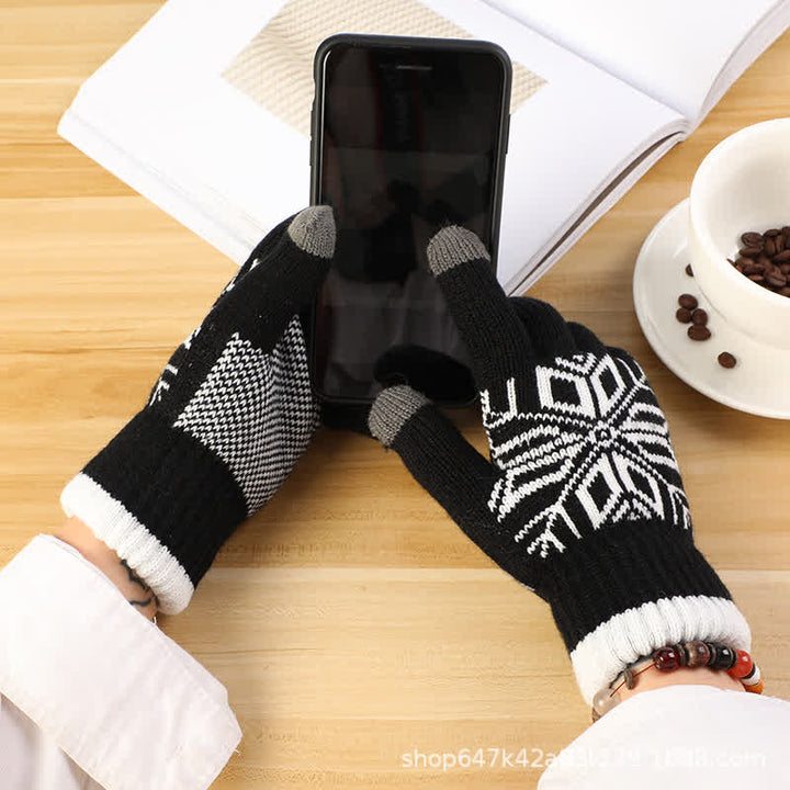 Snowflake Pattern Winter Thicken Knitted Gloves - image 1