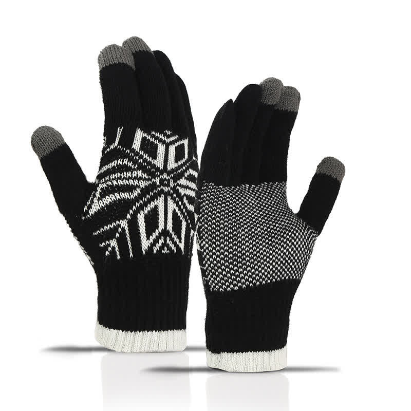 Snowflake Pattern Winter Thicken Knitted Gloves - Black - image 11