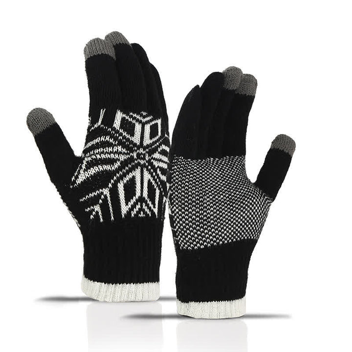 Snowflake Pattern Winter Thicken Knitted Gloves - Black - image 11